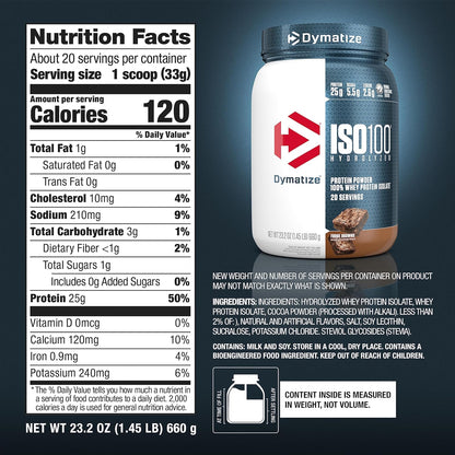 Dymatize ISO100 - Hydrolyzed Protein Powder - 100% Whey Isolate Protein - 25g of Protein - 5.5g BCAAs - Gluten Free - Fast Absorbing - Easy Digesting (Flavors: Fudge Brownie and Gourmet Vanilla)