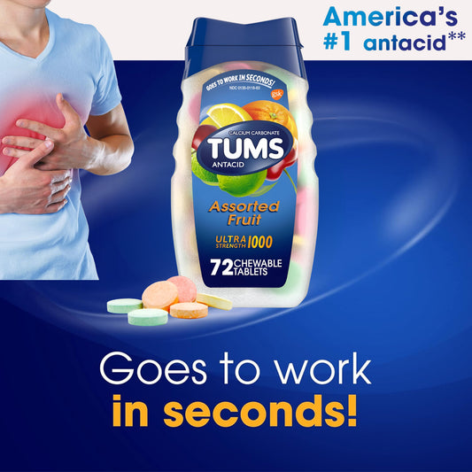 TUMS Ultra Strength 1000 - Antacid Tablets for Chewable Heartburn Relief and Acid Indigestion Relief, Assorted Fruit - 72 Count